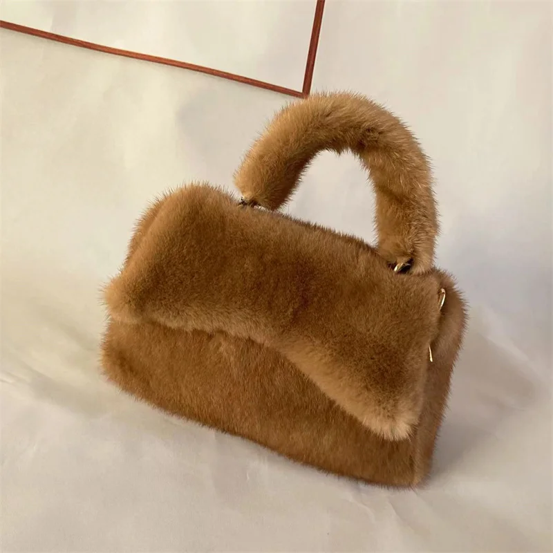 Female Mink Leather Bag Solid Color Handbag Plush Casual Lady Handbag Shoulder Bag Fashion Exquisite Shopping Bag