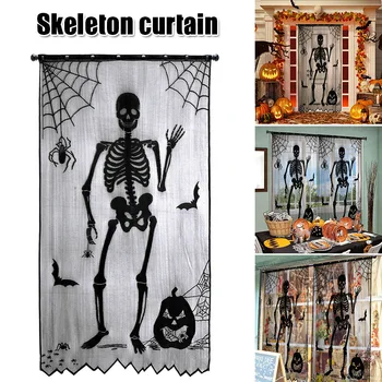 

Halloween Festival Curtain Spider Skull Pattern Lace Curtain Door/Window Decoration Black Curtain LAD-sale