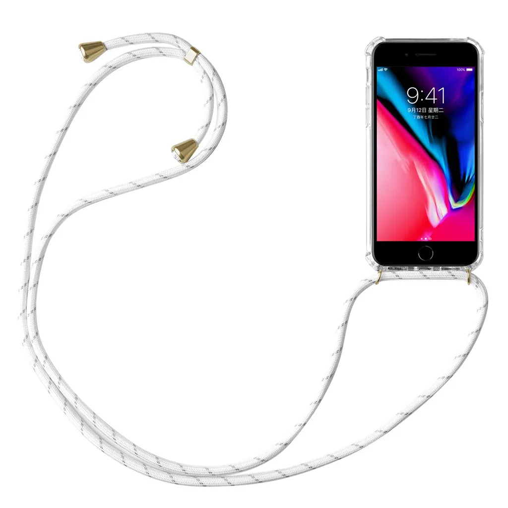 Lanyard Neck Strap transparent TPU case Retractable String Silicone Phone Cover Case Full Protection Shock Proof for iphone 7/8