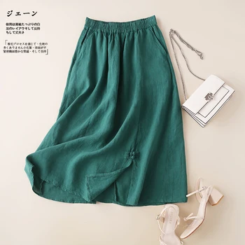 

2020 Women Linen Cotton Long Skirts Elastic Waist Pleated Maxi Skirts Beach Boho Vintage Summer Skirts Faldas Saia