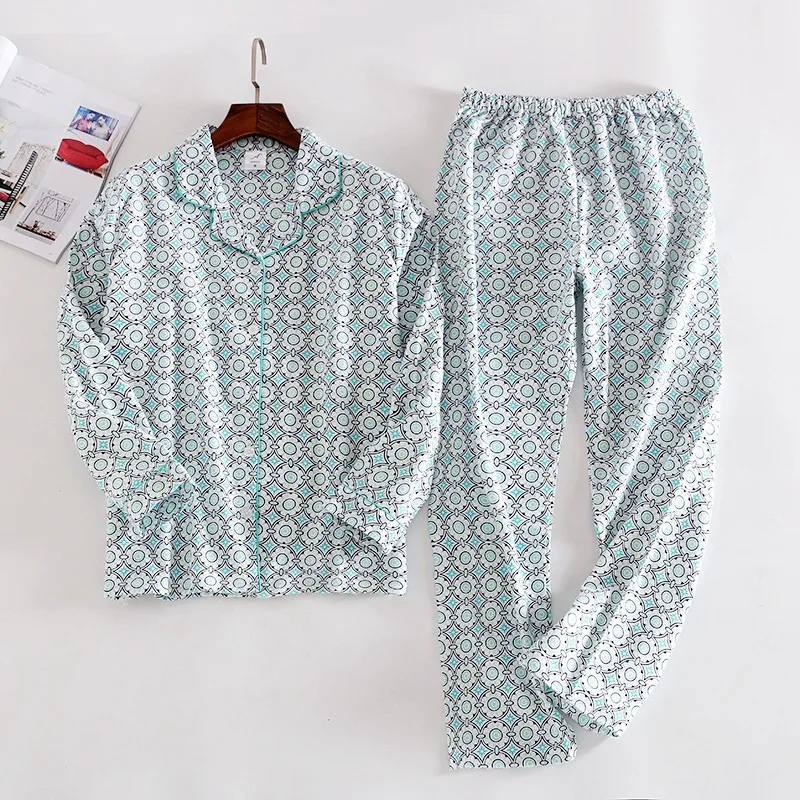 Женские пижамы из хлопка, 2 предмета, пижамы с длинными рукавами, брюки, одежда для сна, осенне-зимняя Пижама, Женская домашняя одежда с рисунком - Цвет: Green circle