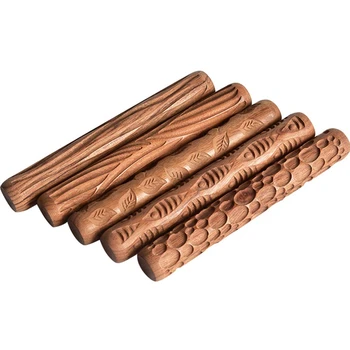 

5PCS Pottery Tools Wood Hand Rollers for Clay Clay Stamp Clay Pattern Roller