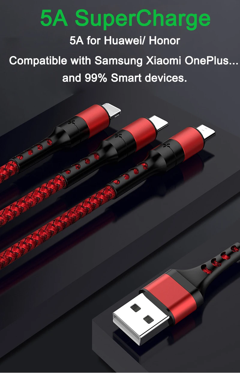 Nohon супер зарядка 3 в 1 кабель для iPhone 11 Pro Max быстрое зарядное устройство Micro usb type C кабель для samsung S10 Xiaomi 8 Pin Lightning