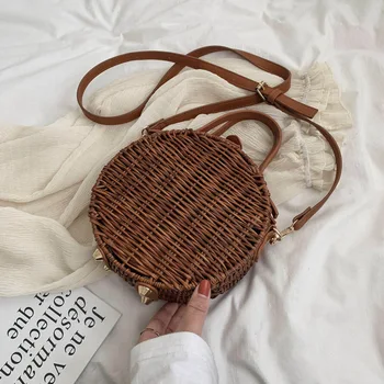 

Summer New Round Straw Woven Ladies Handbag Fashion Hand-woven One-shoulder Messenger Bag Brand Design Women's Tote Bag Wallet