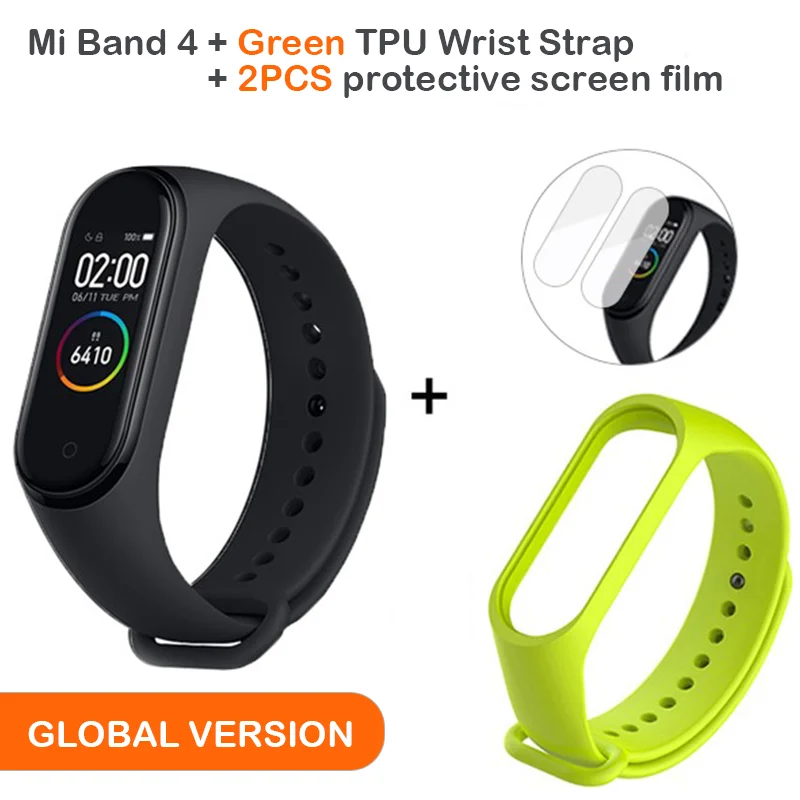 Add Green Strap Глобальная версия, Xiaomi Mi, 4 смарт-браслет, AMOLED экран, Smartband, фитнес-браслет, Bluetooth, спортивный, водонепроницаемый - Цвет: Add Green Strap