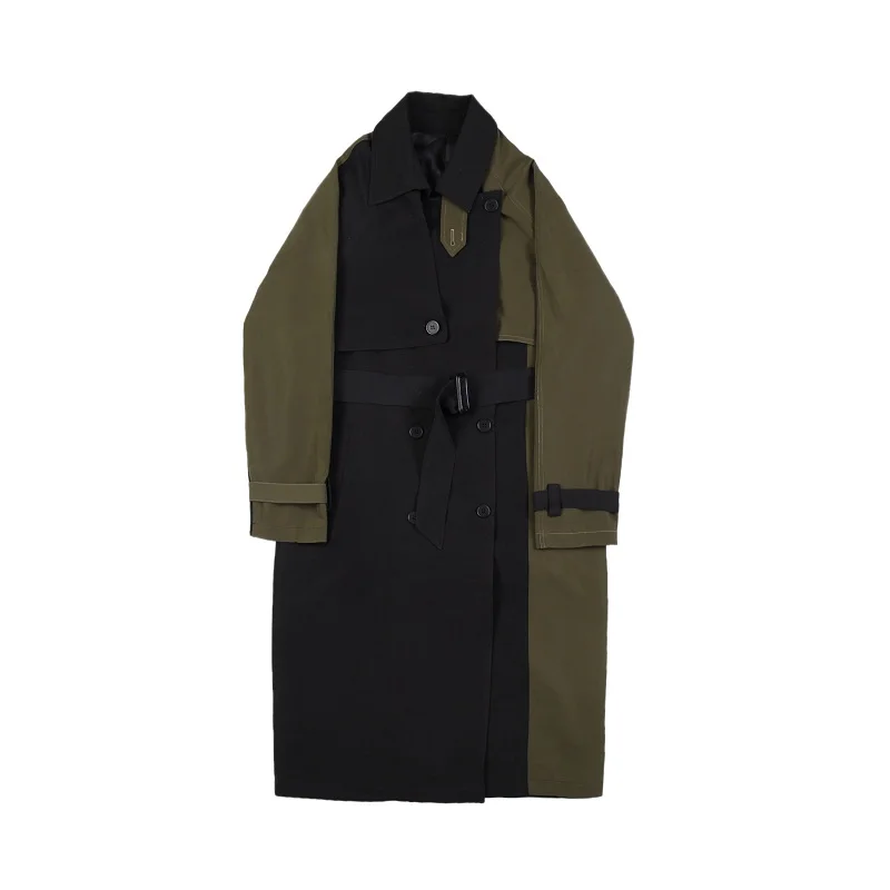 Men Autumn Winter Splice Sashes Loose Casual Chic Long Trench Coat Male Vintage Streetwear Hip Hop Windbreaker Overcoat Jacket