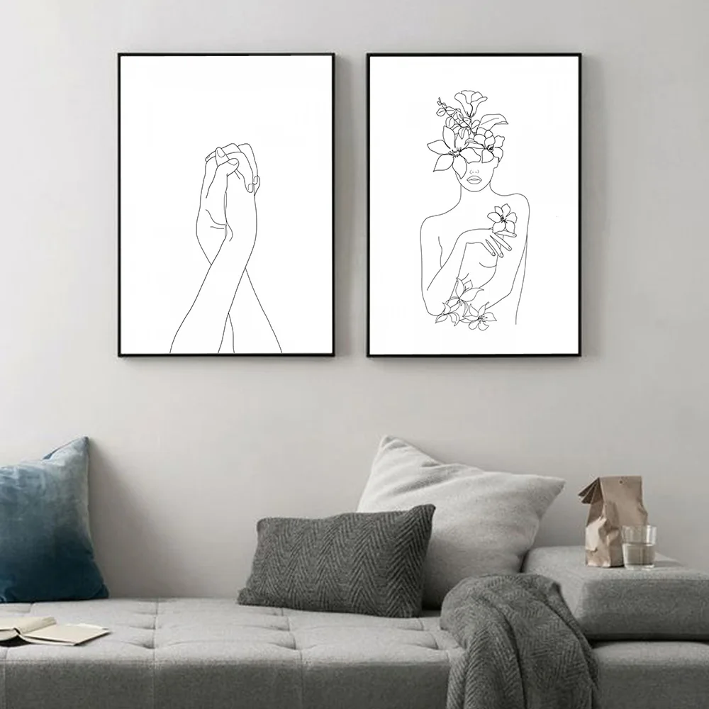 Line Woman Face with Flowers Posters and Prints Wall Art Canvas Painting Nordic Poster Minimalist Style Line Draw Home Decor