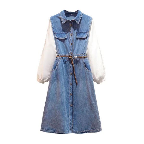 L-5XL Plus size Women's Denim Dress Autumn Long Sleeve Femme Loose Patchwork Dress 4XL Large Size Casual Blue Denim Dresses - Цвет: Синий
