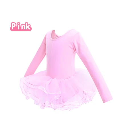 Pink-long sleeve Хлопковое Тюлевое балетное платье для девочек, юбка-пачка для танца, гимнастические трико, Детский костюм-комбинезон для танцев для девочек - Цвет: Pink-long sleeve