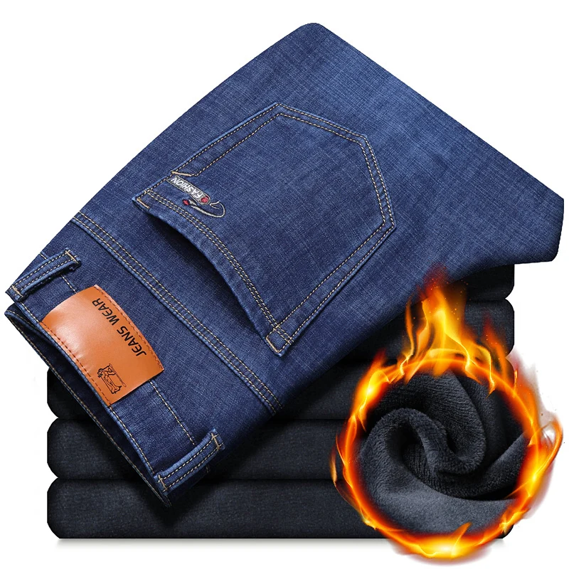 

High Quality Winter Warm Fleece Men's Jeans Thick Stretch Denim Jeans Straight Fit Trousers Cotton Pants Men Large Size 28-40