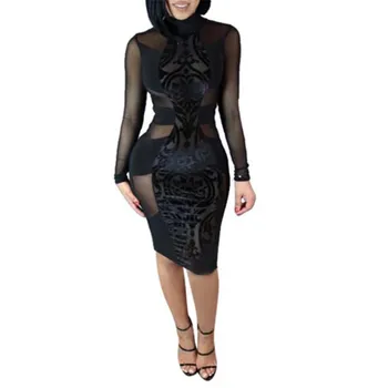 

Women Long sleeve Sexy See Through Mesh Bodycon Clubwear Party Midi Dress