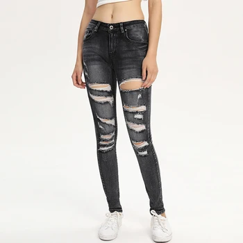 

New Boyfriend Jeans Woman Destroyed Ripped Jeans Distressed Black Jeans Stretch Denim Pants Punk Streetwear spodnie z dziurami