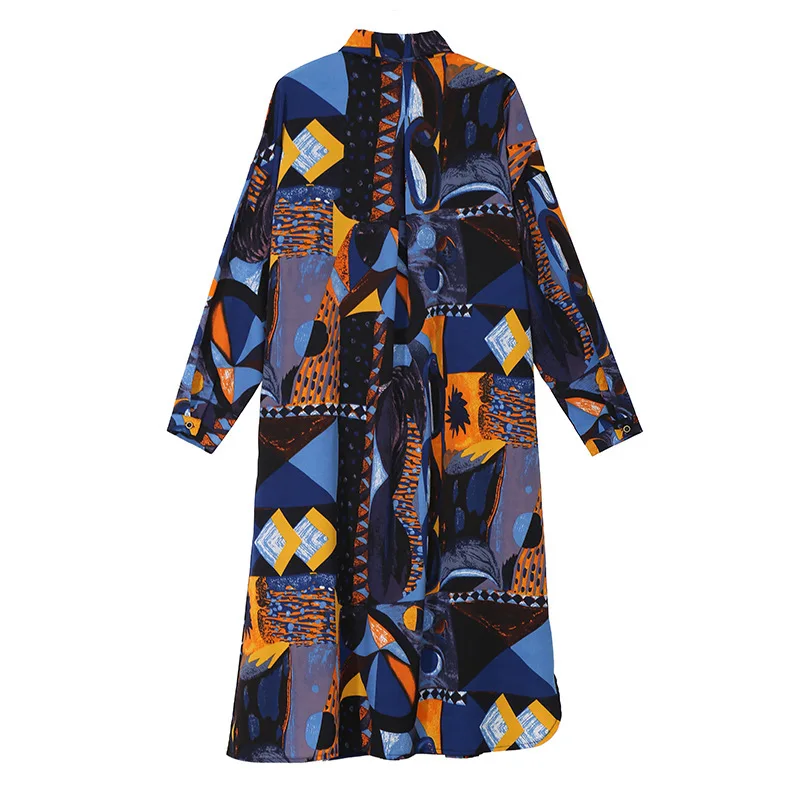 [EAM] новое осенне-зимнее синее свободное платье с карманами и длинными рукавами с отворотами, большой размер, женская мода, JI485