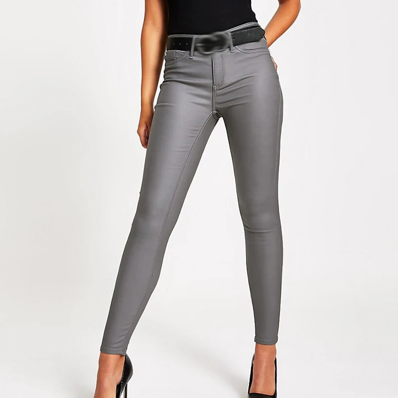 Grey Jeans Pencil-Pants Skinny Faux-Leather High-Waist Women New-Fashion Fit Slim