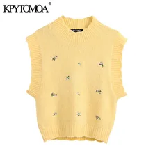 KPYTOMOA mujeres 2020 dulce bordado floral de moda suéter tejido tipo chaleco cuello alto clásico sin mangas femenino chaleco Chic Tops