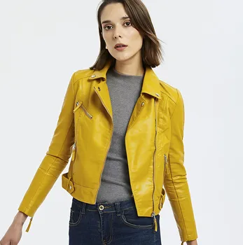 

Women Short Motorcycle Slim Fit PU Leaterh Jacket faux leather Coat Turn-down Collar