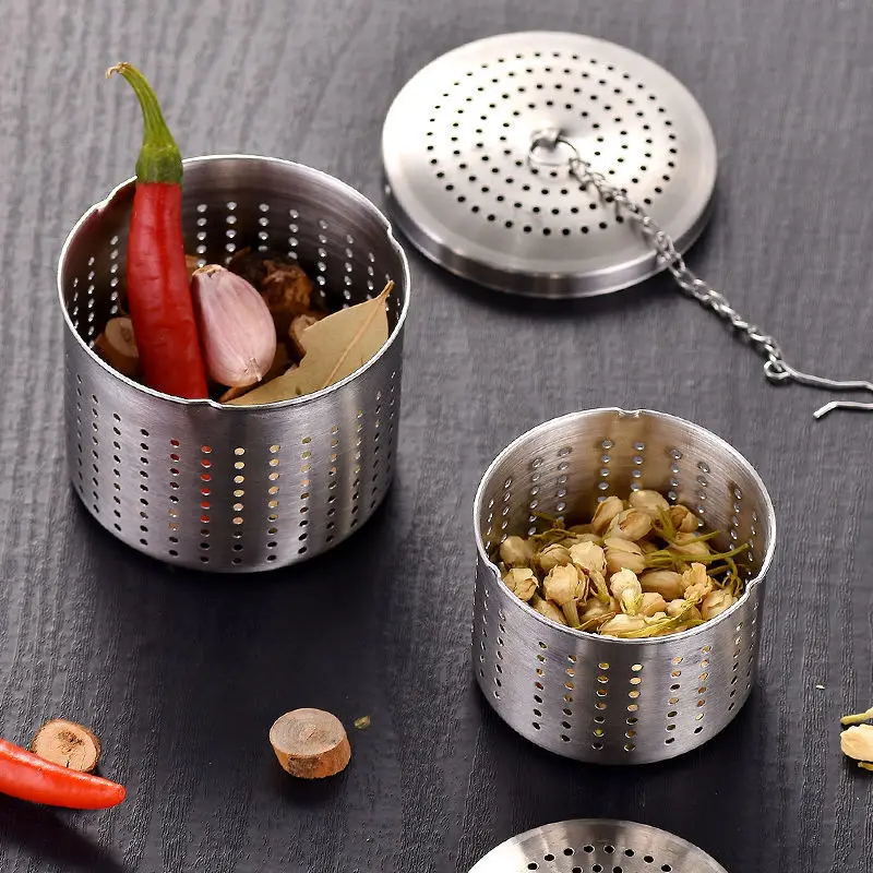 Stainless Steel Tea Infuser Strainer Cylindrical Seasoning Balls Hanging Chain Tea Leak Spice Herbal Filter Kitchen Accessories