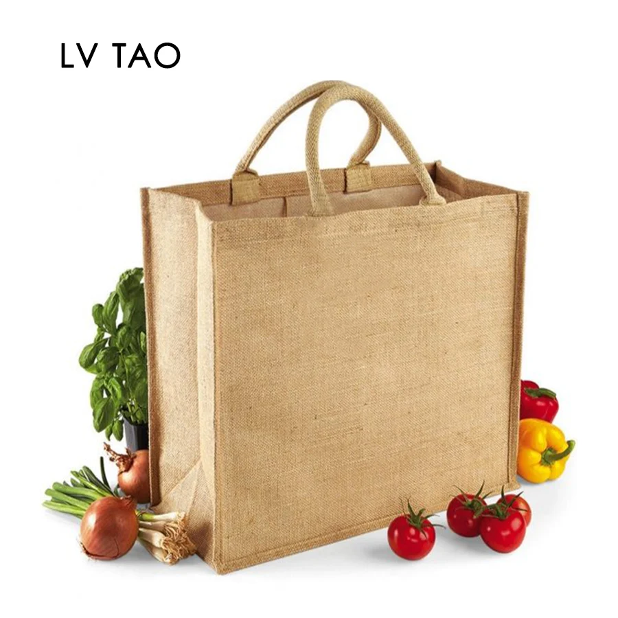 

Jute Burlap Tote Bags Soft Cotton Handles Laminated Interior Reusable Grocery Shopping Bags Pack of 2