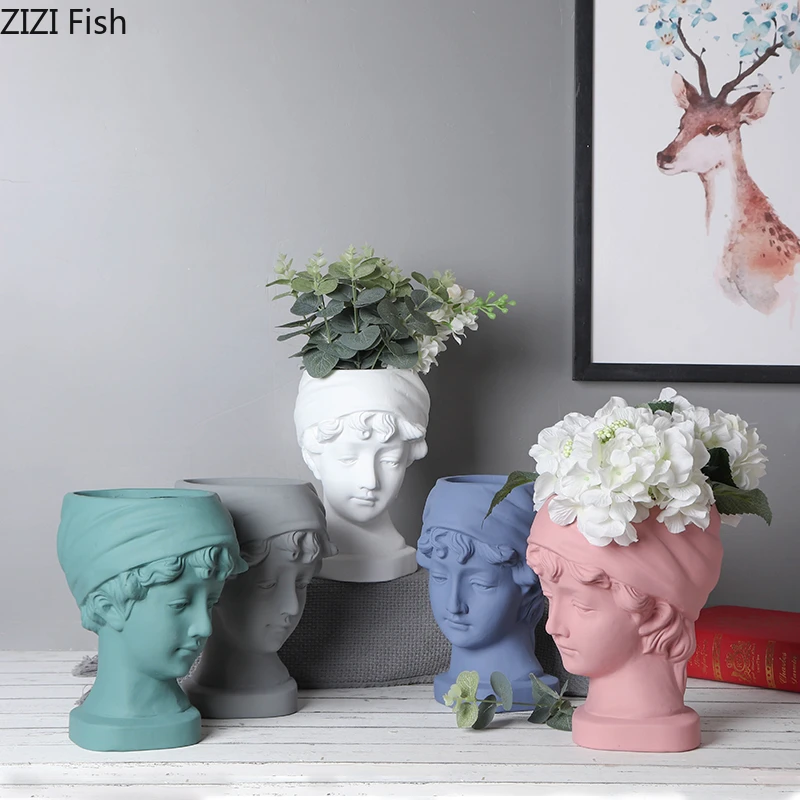 Nordic Creative Face Decorative Vase Sculpture Flower Plant Holder Shelf Showpiece for Home Office NC Ceramic Head Flowers Vase 