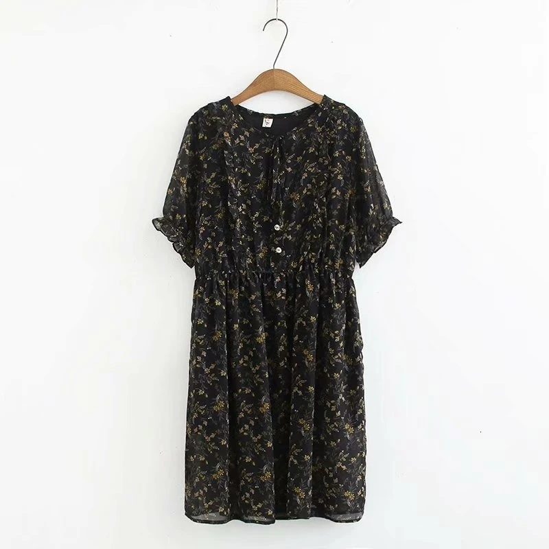 

Plus Size Women Summer Chiffon Dress Flowers Printed Short Mouw Midi Dresses