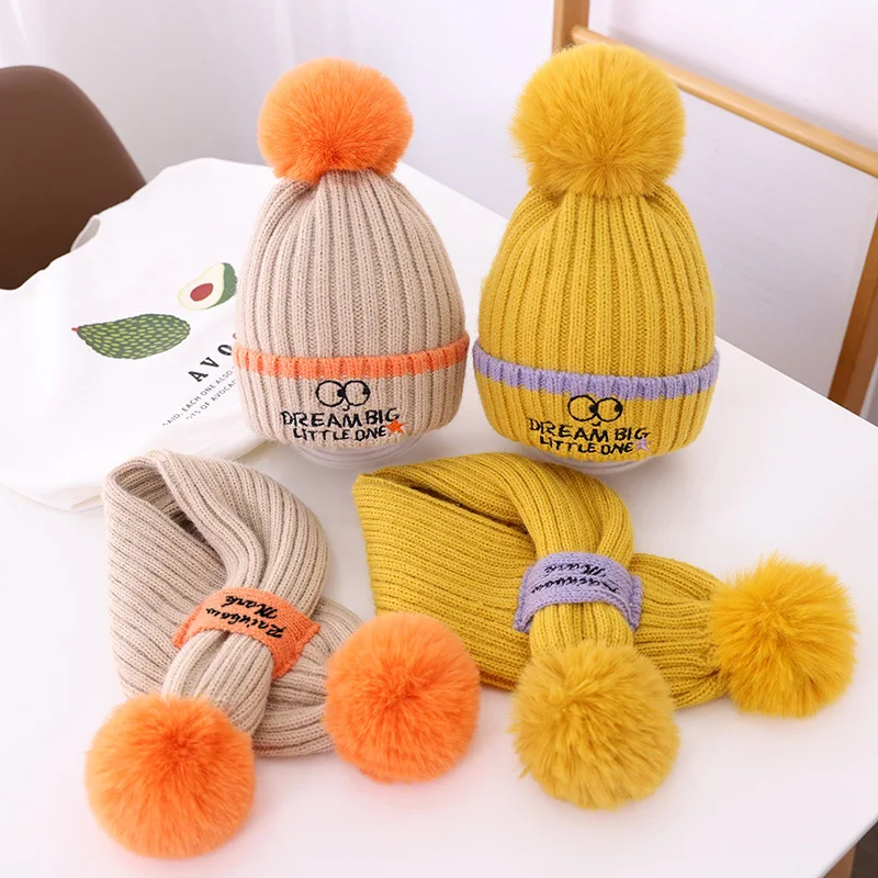 Doitbest Boy Girl Kids Beanie Sets Cute Big eyes 2 pcs 2021 Warm Boys Girls Winter villus Hat Scarf Set For 3 to 9 Years old