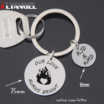 

FLYANGEL Custom Name Keychain Jewelry Engraved Our Love Burns Bright Fashion Key Tag Firefighter Wife Fireman Gifts Bag Charm