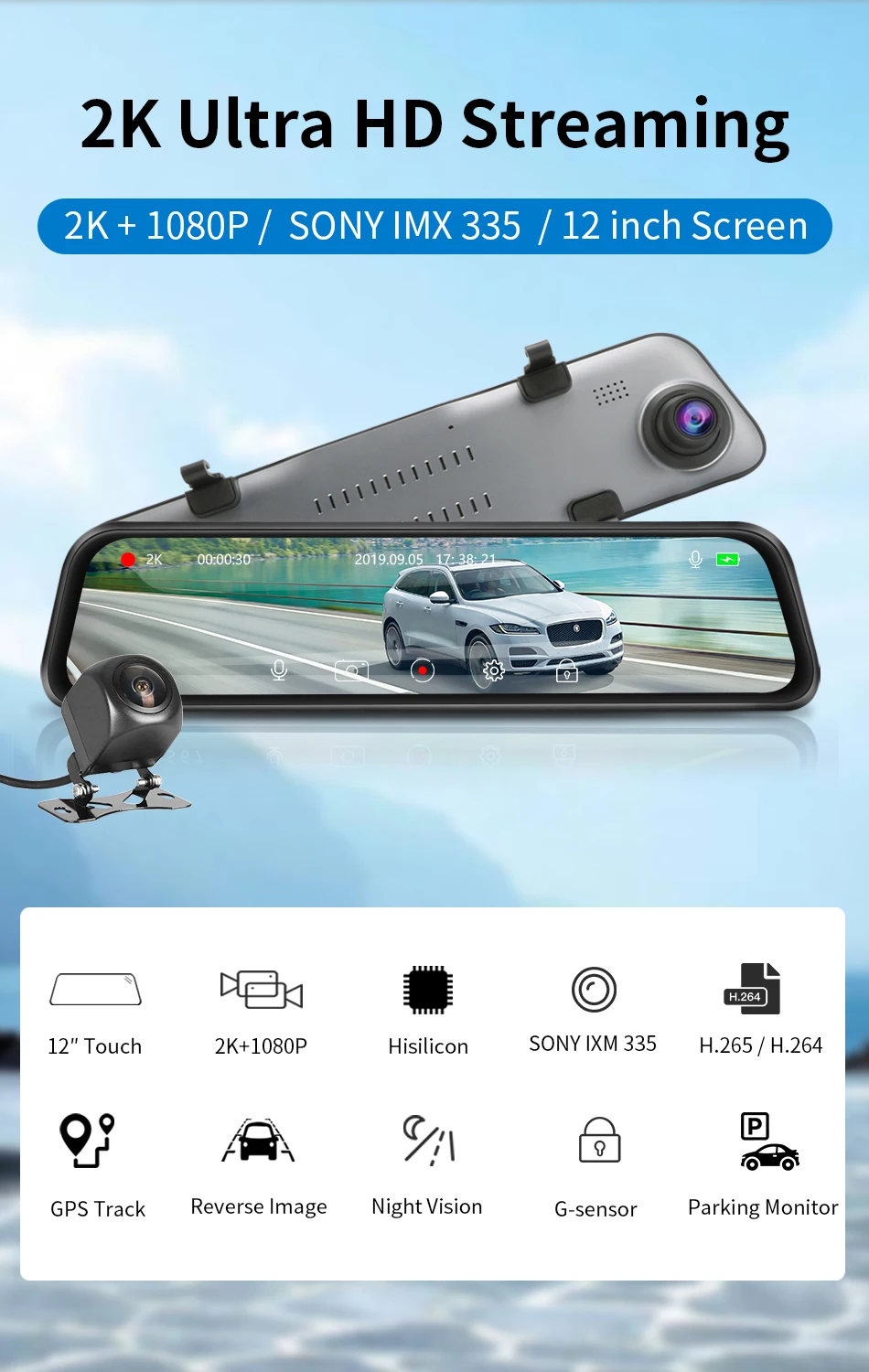Jansite 12 дюймов Ultra HD 2K Автомобильный видеорегистратор Камера 2560*1440P gps зеркало dvr Камера авто DVR регистратор двойной объектив видео регистратор
