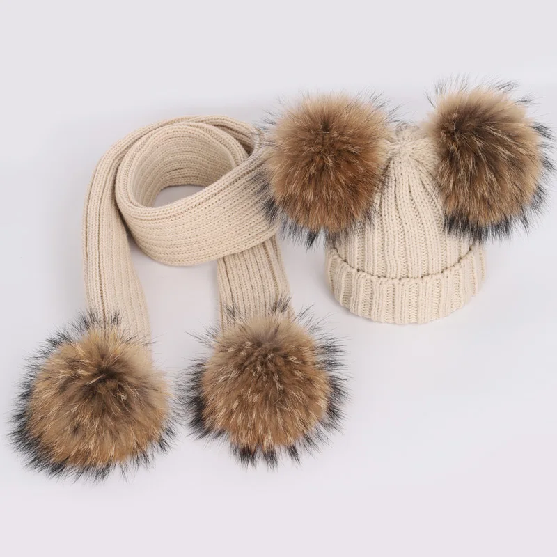 New Winter Children's Double Hair Ball Woolen Hat Scarf Set Boys Girls Thickened Raccoon Ball Knitted Ear Cap Two Piece Set