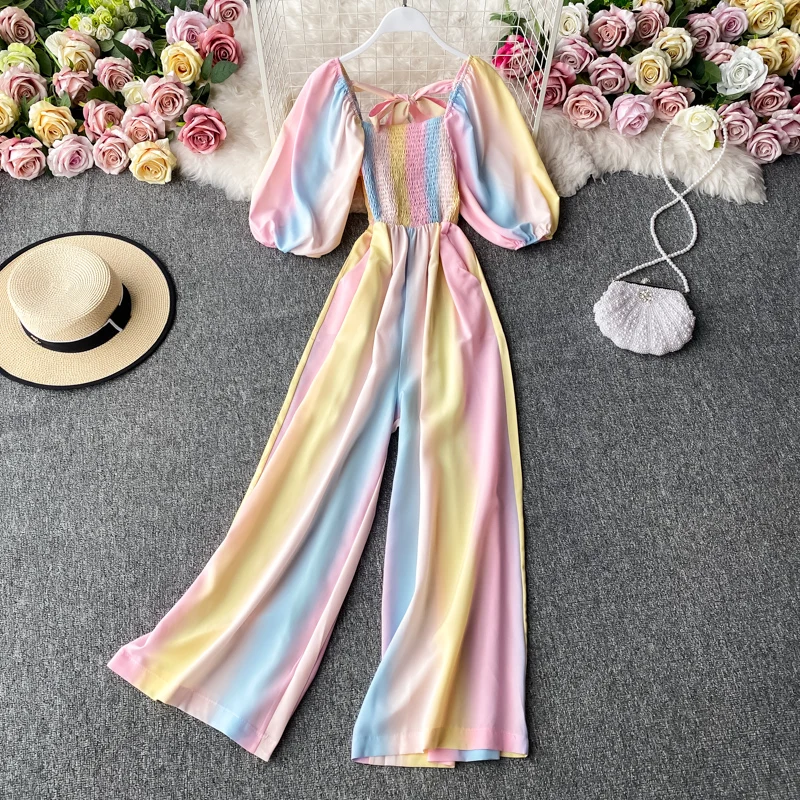 Women Rainbow Gradient Jumpsuit Square Collar High Waist Romper