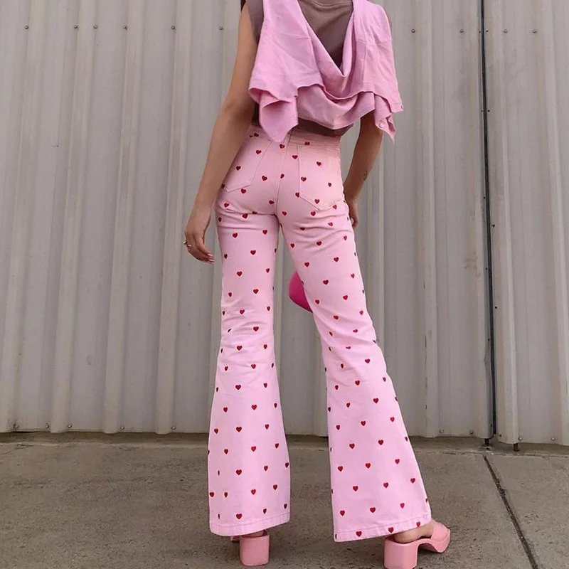 Pantalones acampanados rosas ajustados de cintura alta para mujer, pantalón  largo con estampado de corazón rojo, Harajuku, Pantalones acampanados  informales|Pantalones y pantalones capri| - AliExpress
