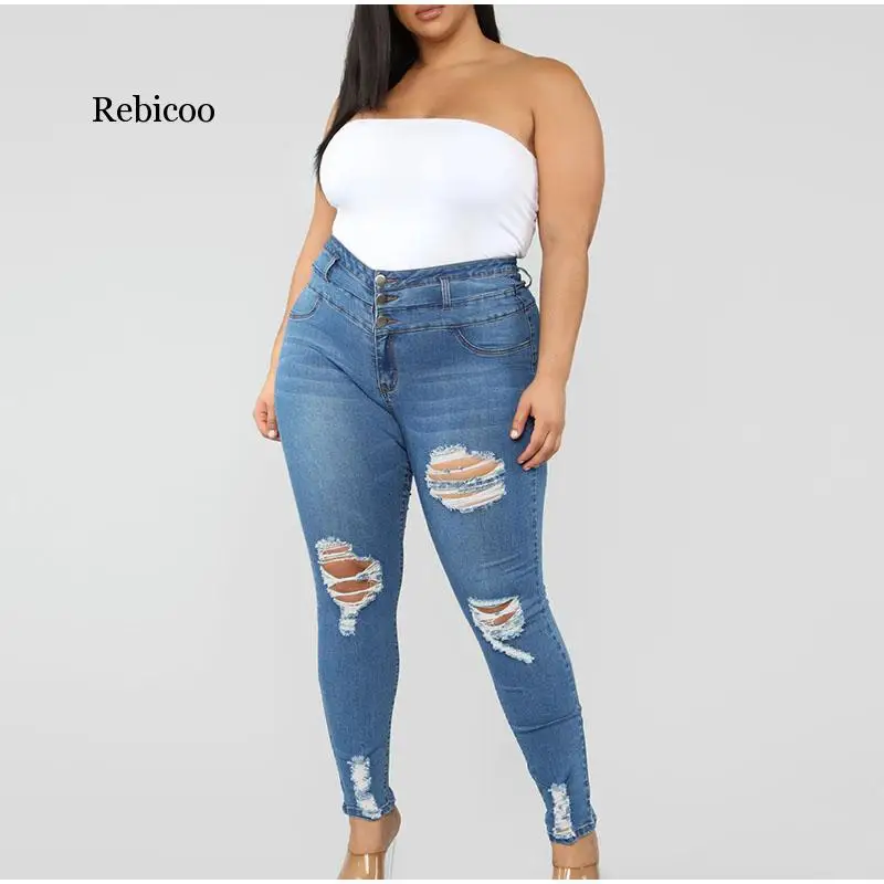 

Plus Size Button Up Light Blue Hole Ripped Skinny Long Jeans 4XL Spring Autumn High Waist Women Stretch Denim Pants
