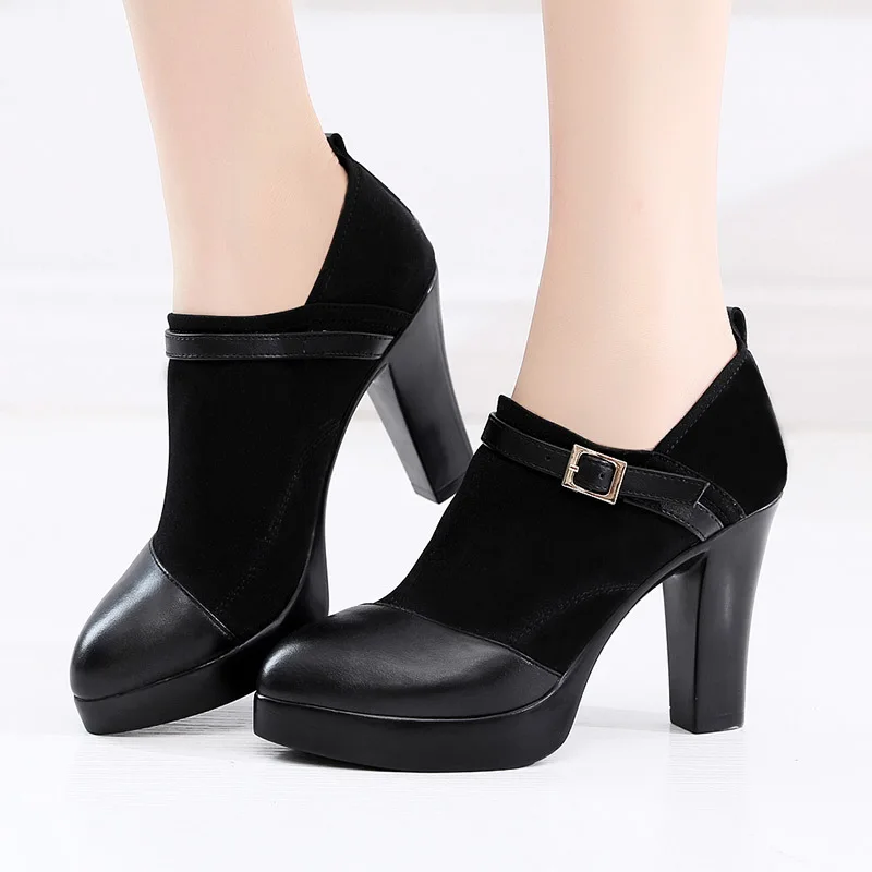 

Plus Size 32-43 Block Heels Deep Platform Pumps Women Shoes 2019 Autumn High Heel Shoes PU Flock Patchwork Office Shoe
