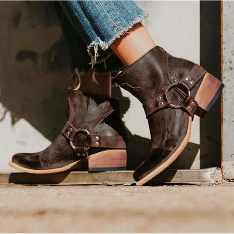 

PUIMENTIUA Band Winter Retro Boots Women Shoes Winter Western Ankle Boots Pointed Toe PU Leather Shoes Bota Feminina 2019