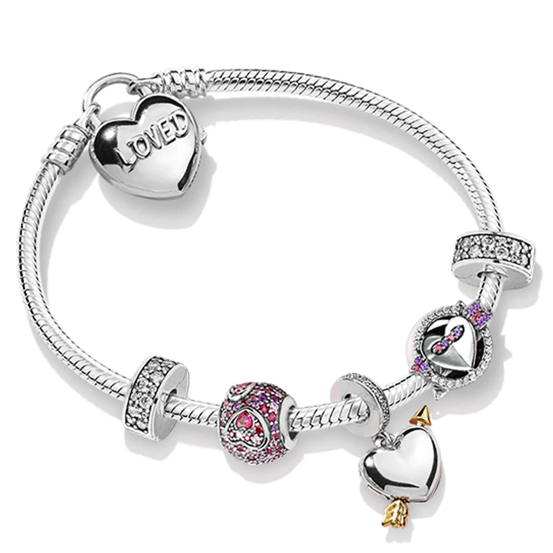 

2019 NEW 100% 925 Sterling Silver Sweet Love Charm Bead Bracelet Set Valentine's Day Gift Women's Quality Jewelry Making ZT0247