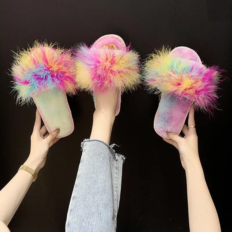 

Autumn and Winter New Style Plush Slipper Women's Ostrich Feather Colorful Wool Slippers Korean-style Fashion Anti-slip Wear-Res