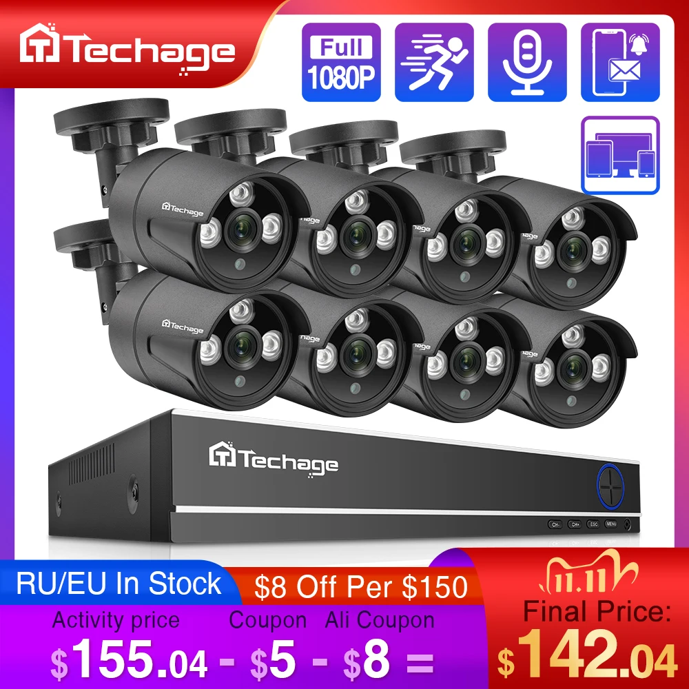 Techage 8CH 1080P цифровой видеорегистратор HD CCTV безопасности Системы 8 шт. 2MP