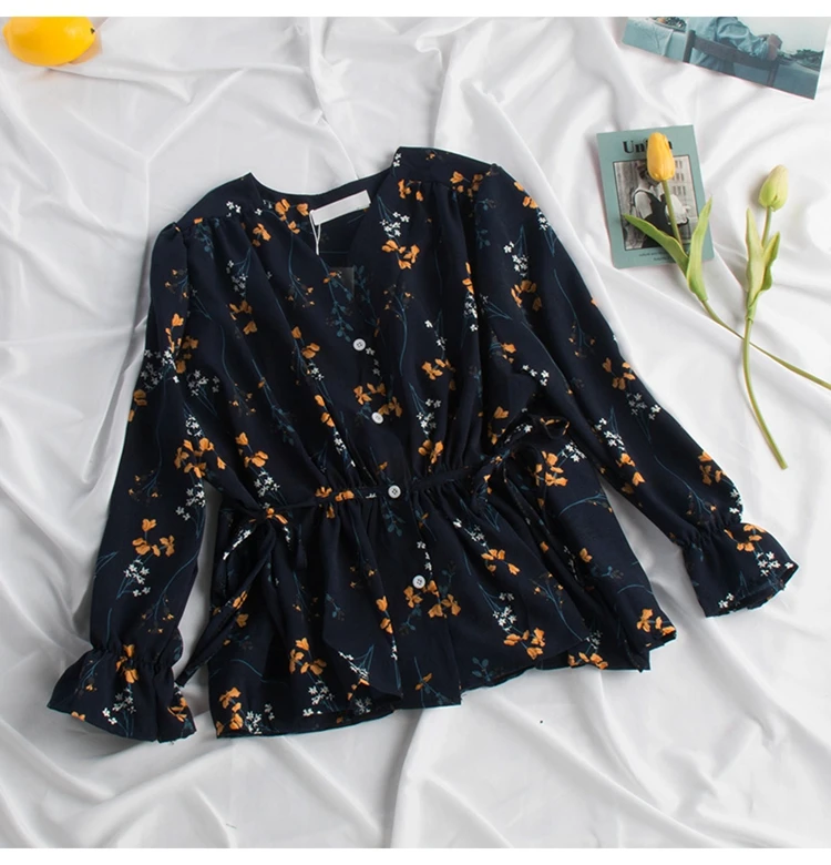 blue Blusas femininas de verao, женские блузки, женские осенние, весенние, испанский стиль, шикарные, Ретро стиль, с длинным рукавом, с принтом, Рубашки, Топы - Цвет: blue