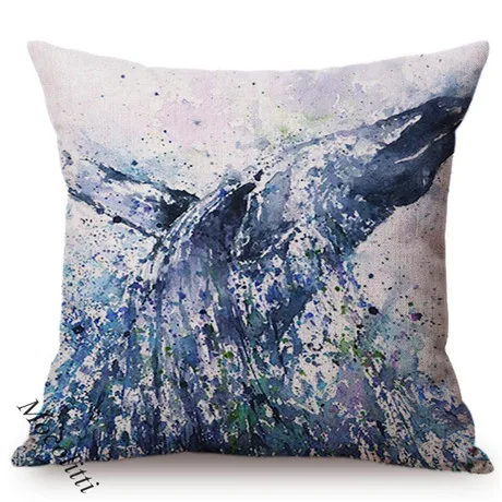 Blue Whale Style Ocean Animal Cushion Cover Water Color Painted Girls and Whale Dolphin Fairy Tales Decoration Sofa Pillow Cover 0097-10