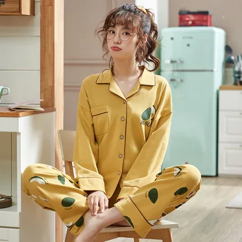 

Autumn and Winter 2019 Pajamas Women's Cotton Lapel Cardigan Long Sleeve Loose Home Clothes Women's Pants Suit