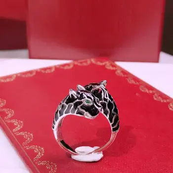 

Fashion Black Panther Double Heads Finger Ring Black Enamel Color Gold Plated Leopard Animal Finger Ring for men women party