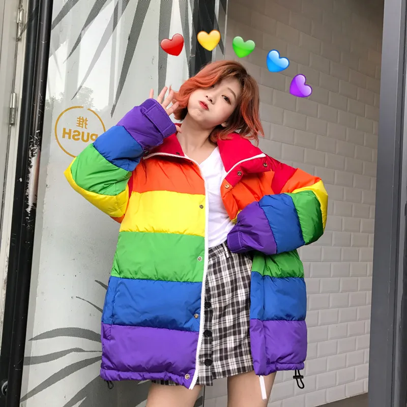Harajuku зимняя повседневная куртка для женщин Радуга ватная парка размера плюс