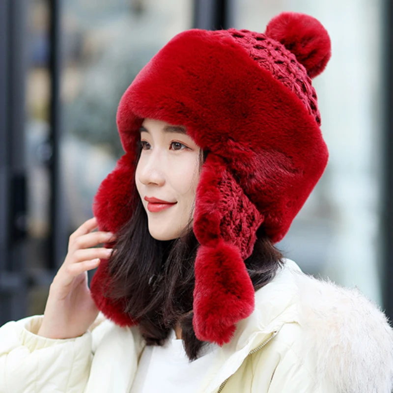 Burgundy HT2853 НОВАЯ шапка из кроличьего меха, Женская Русская Шапка, толстая теплая зимняя шапка, женская шапка в монгольском стиле, Русская Шапка, лыжная шапка-ушанка - Цвет: Burgundy