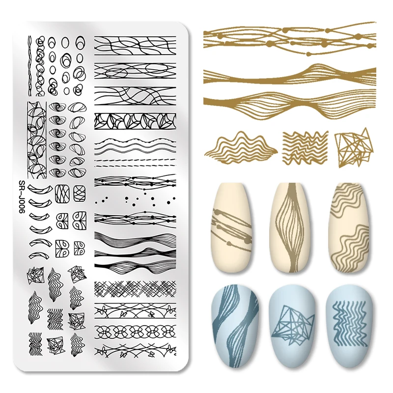 Четыре лилии цветок ногтей штамповки пластины Геометрическая линия Волна шаблон