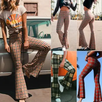 価格 女性チェック柄のタータンワイド脚ズボン女性ハーレムフレアパンツヒッピーベルボトムパンツ