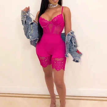 

Spaghetti Strap Lace Sexy Women Playsuits Deep V Sleeveless Black Backless Sheer Club See Through Bodysuits Solid Casual Romper