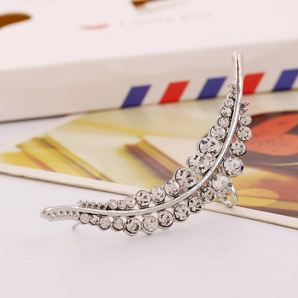 1PC Personality Punk Women Wedding Gifts Big Zircon Left Ear Cuff Curved Leaf Crystal Gold Silver Plated Clip Earring 1E1153