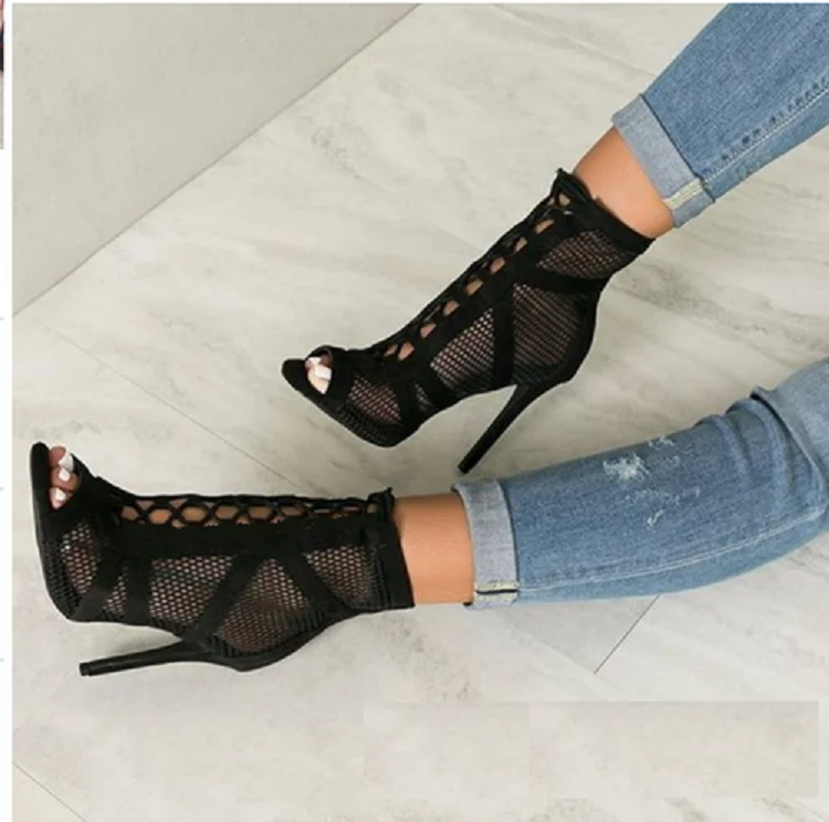 Fashion Black Net Fabric Cross-tied Sandals 2021 Summer Lace Up Peep Toe High Heels Ankle Strap Hollow Out Woman Shoes