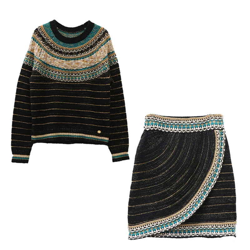 

HIGH STREET New Stylish 2019 Runway Suit Set Women's Striped Color Block Pullover Sweater Knitting Skirt Set