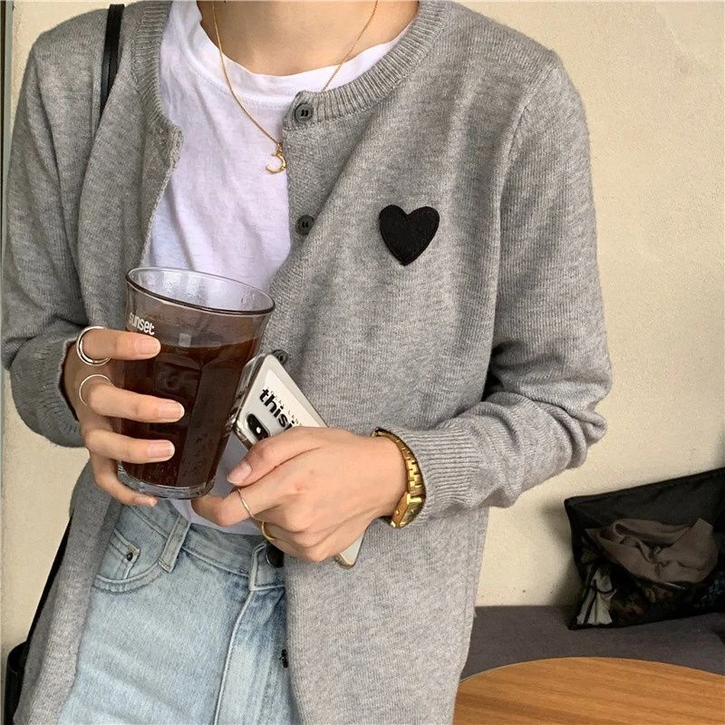 Women Cardigan Love Peach Heart Sweater Autumn Korean Long-sleeved Round Neck Slim Embroidery Single-breasted Fashion |