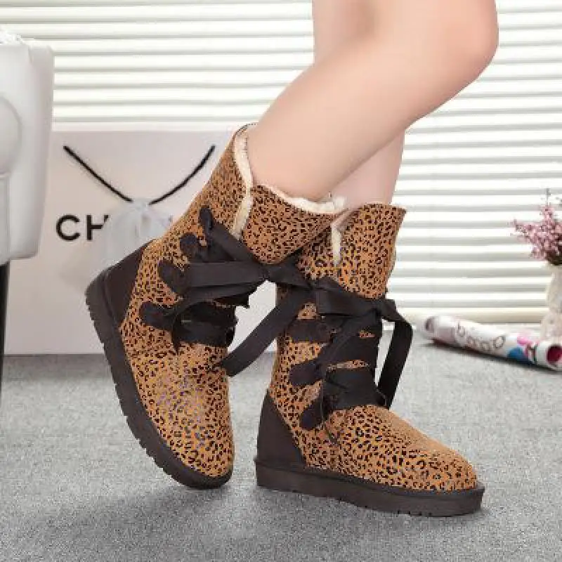 

Fashion Lace Up Women Winter Boots 100% Cowhide Leather High Snow Boots With Bow-knot for Women boot chaussures femme shoes